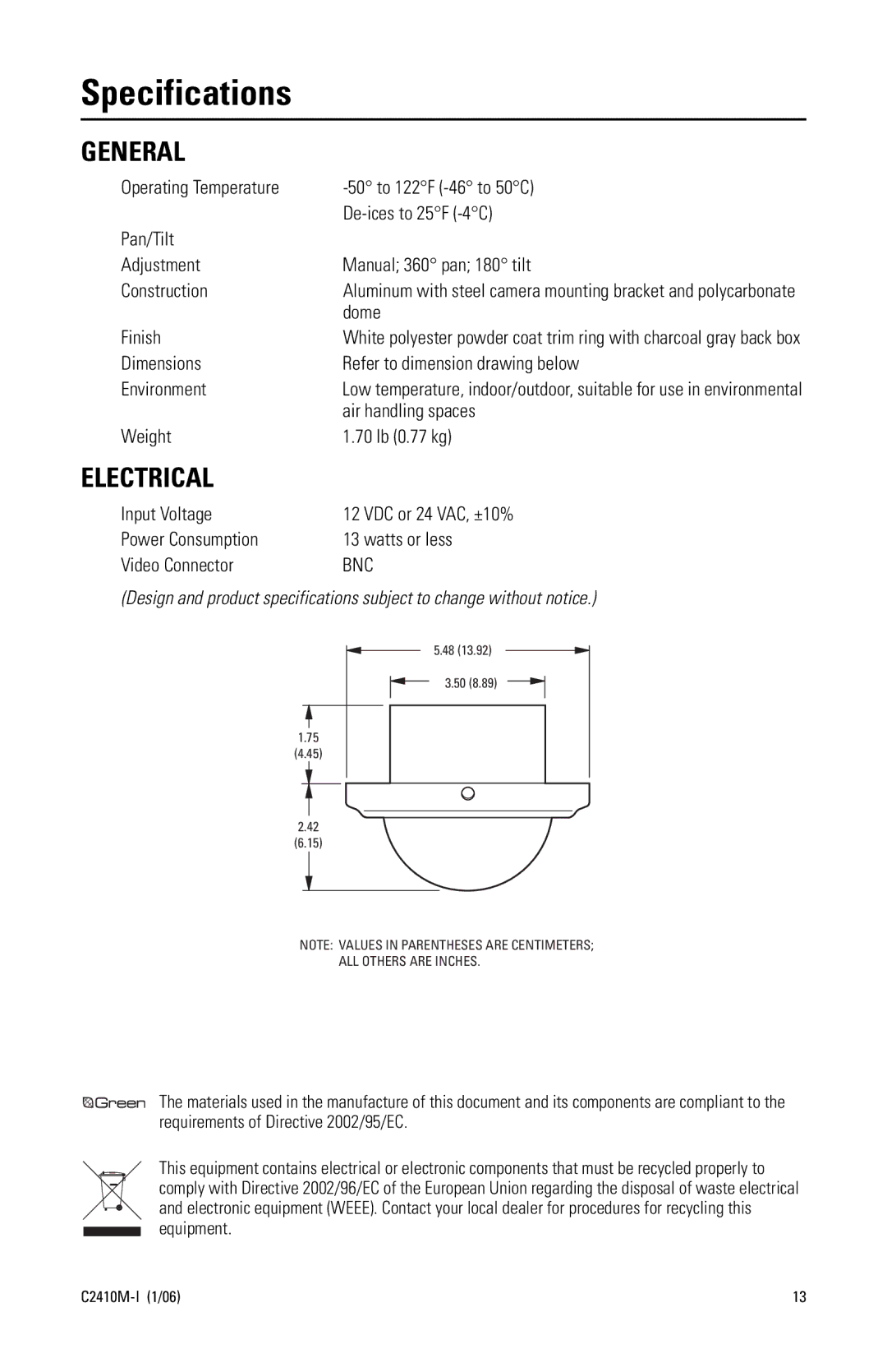 Pelco C2410M-I (1/06) manual Specifications, General, Electrical 