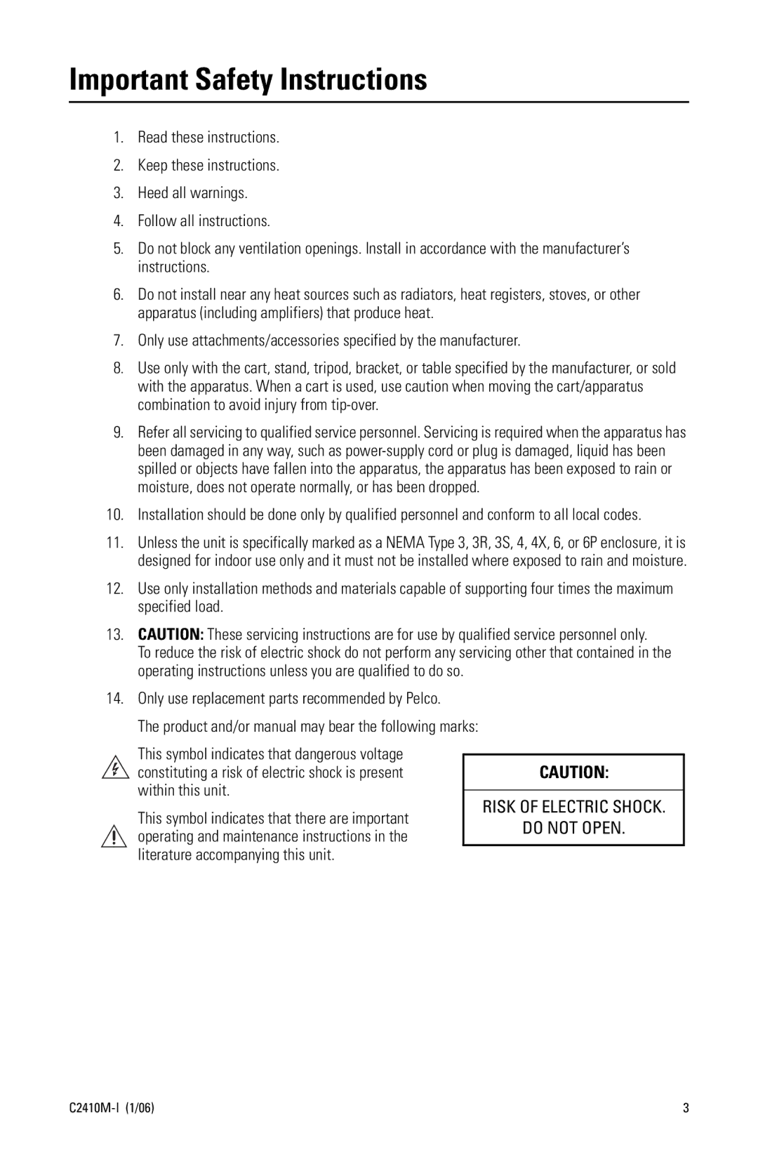 Pelco C2410M-I (1/06) manual Important Safety Instructions, Risk of Electric Shock 