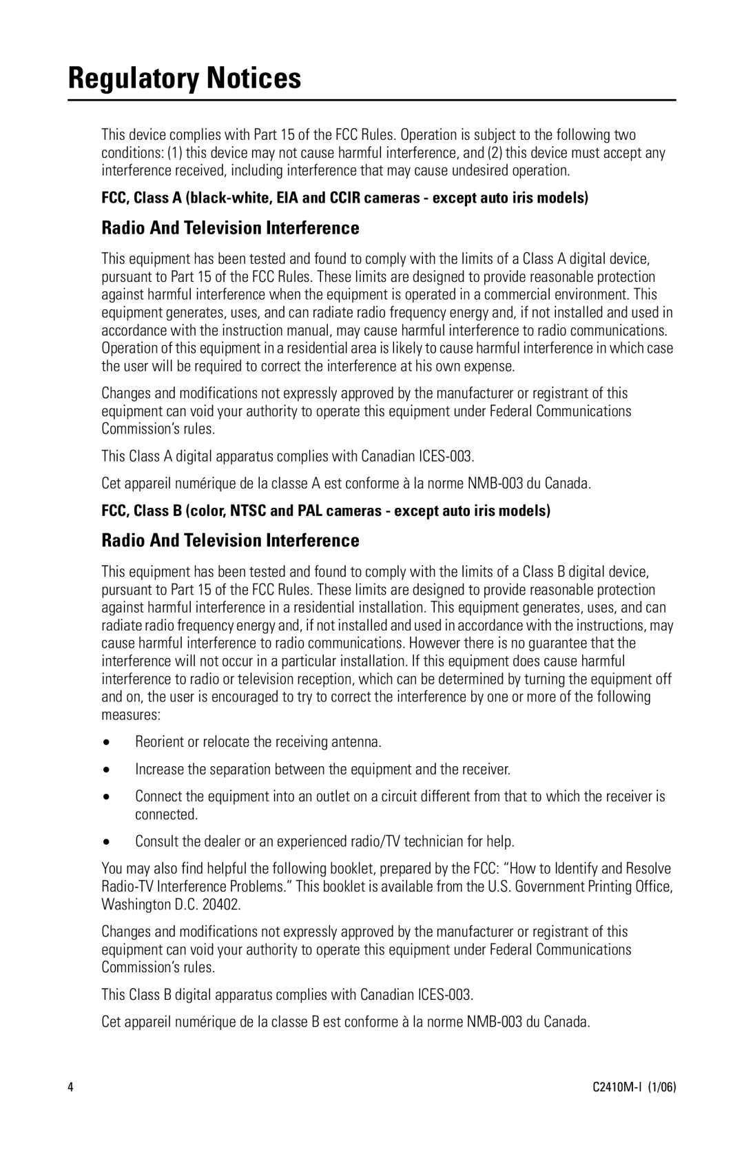 Pelco C2410M-I (1/06) manual Regulatory Notices, Radio And Television Interference 