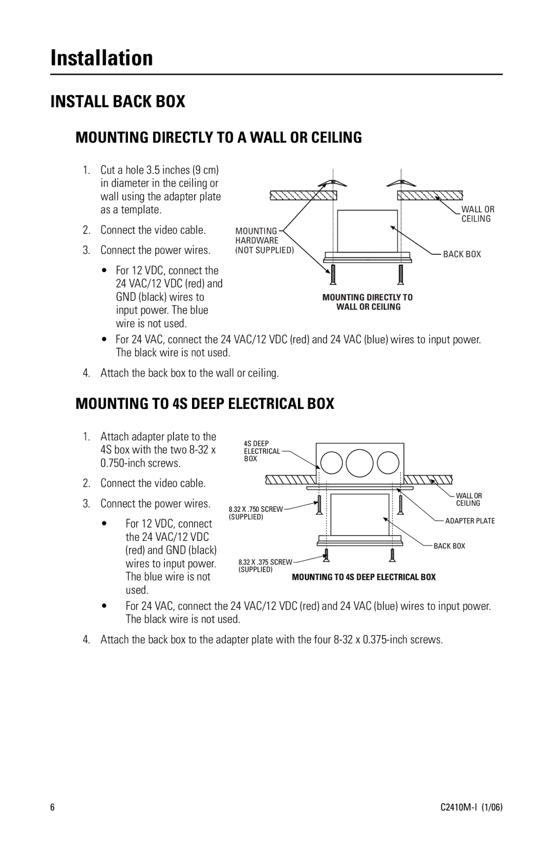 Pelco C2410M-I (1/06) manual Installation, Install Back BOX 