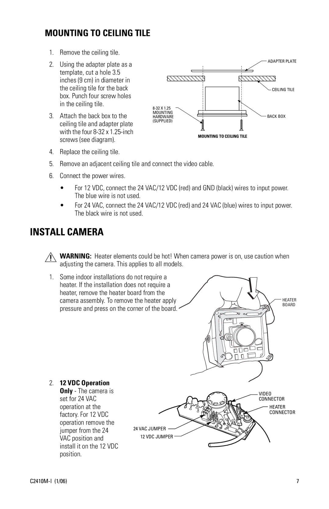 Pelco C2410M-I (1/06) manual Install Camera, Mounting to Ceiling Tile 