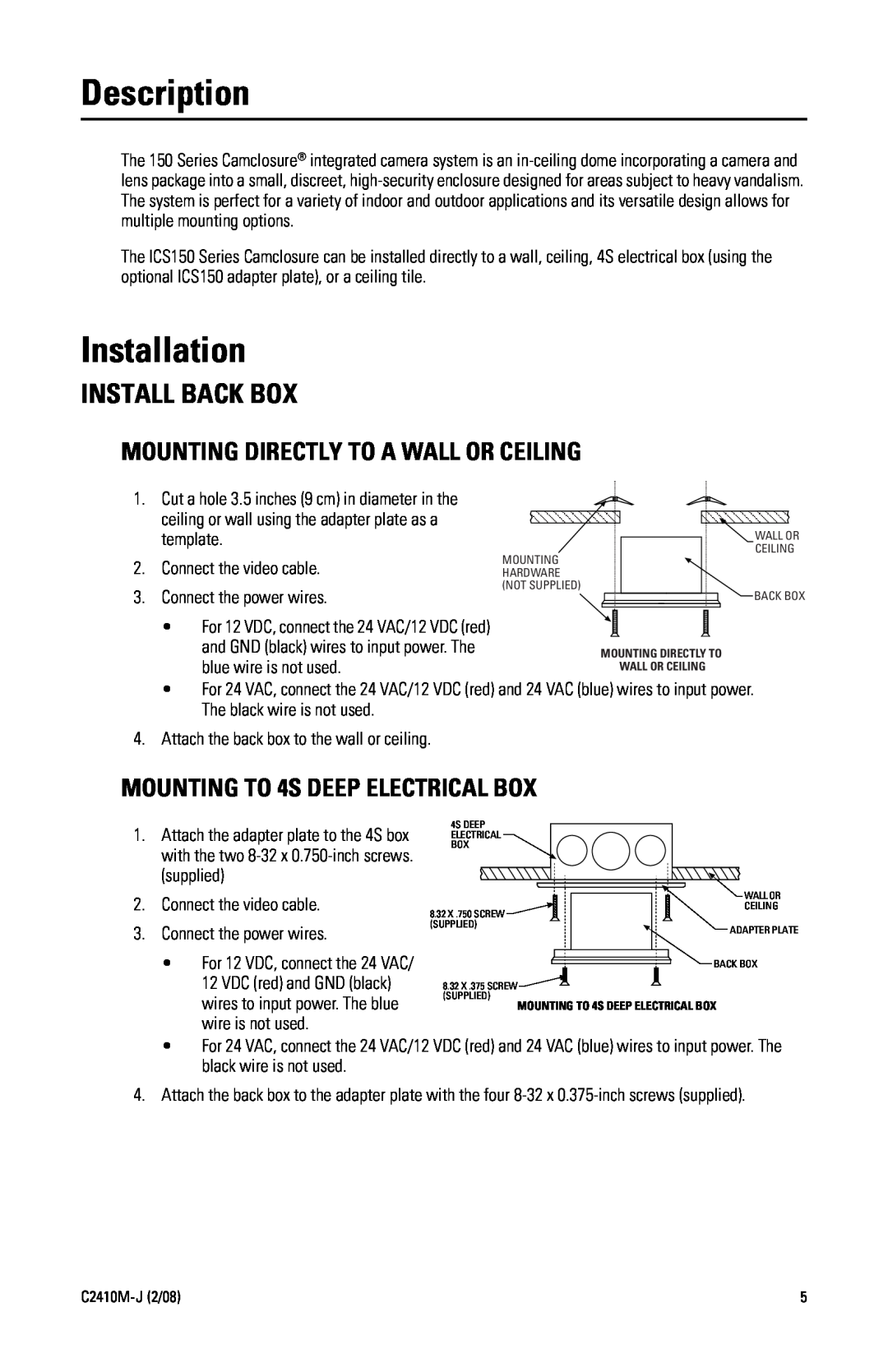 Pelco C2410M-J manual Description, Installation, Install Back Box, Mounting Directly To A Wall Or Ceiling 