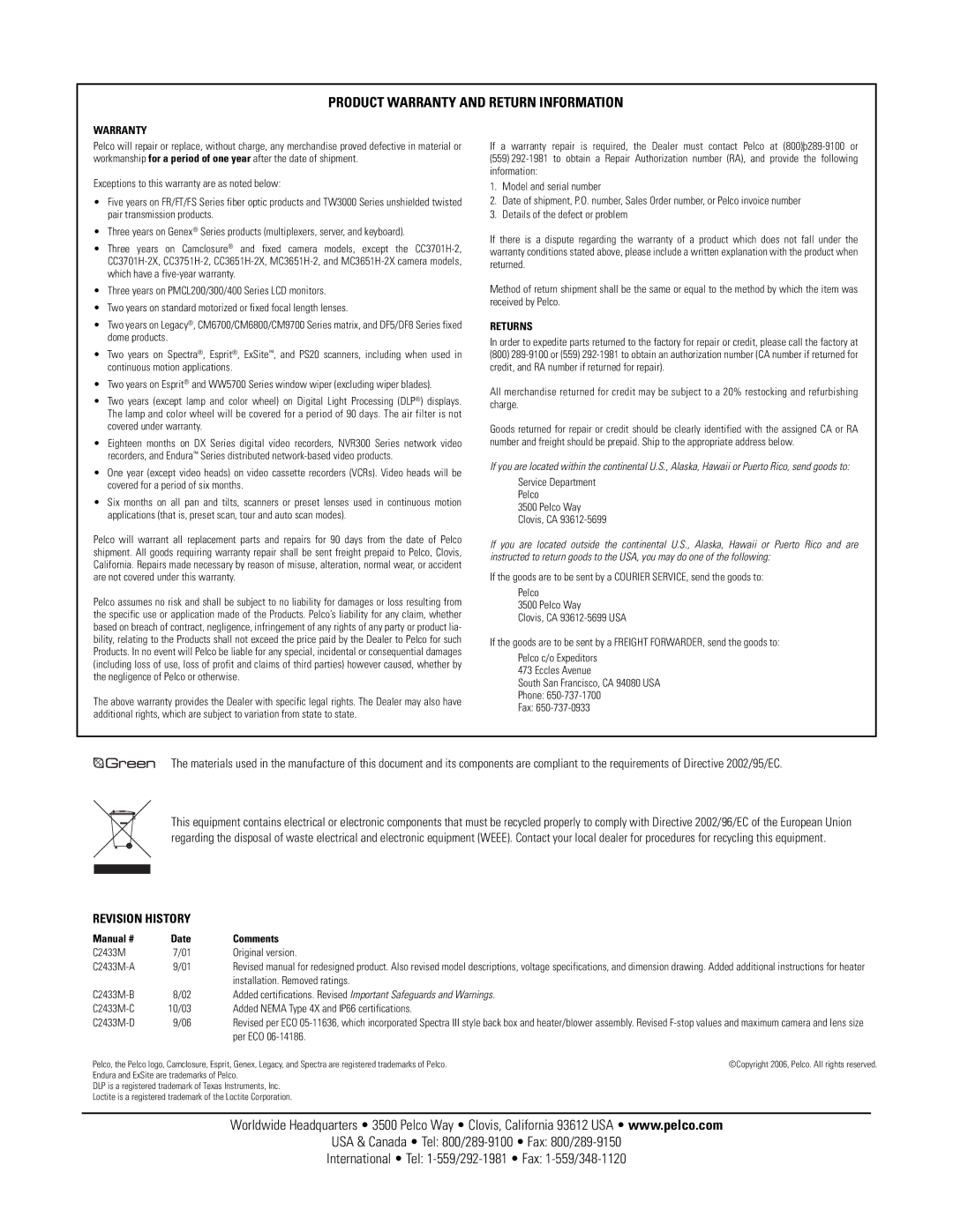 Pelco C2433M-D manual Product Warranty and Return Information 