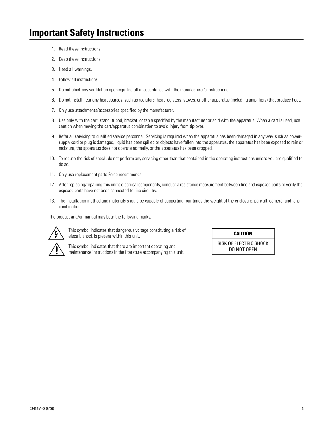 Pelco C2433M-D manual Important Safety Instructions 