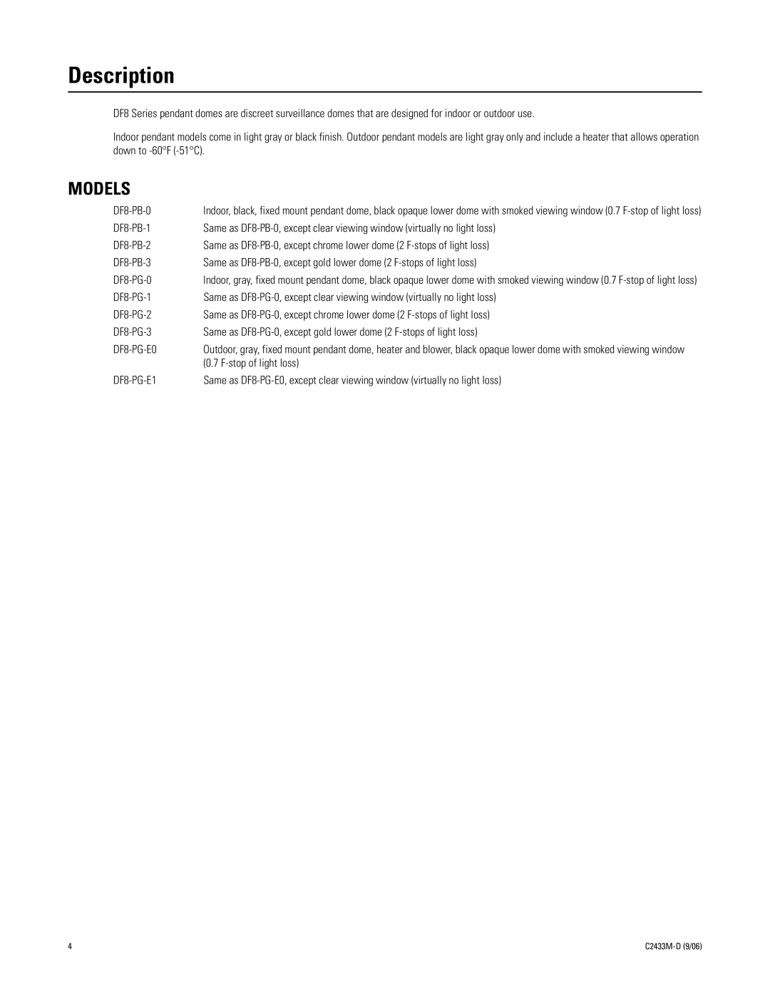 Pelco C2433M-D manual Description, Models 