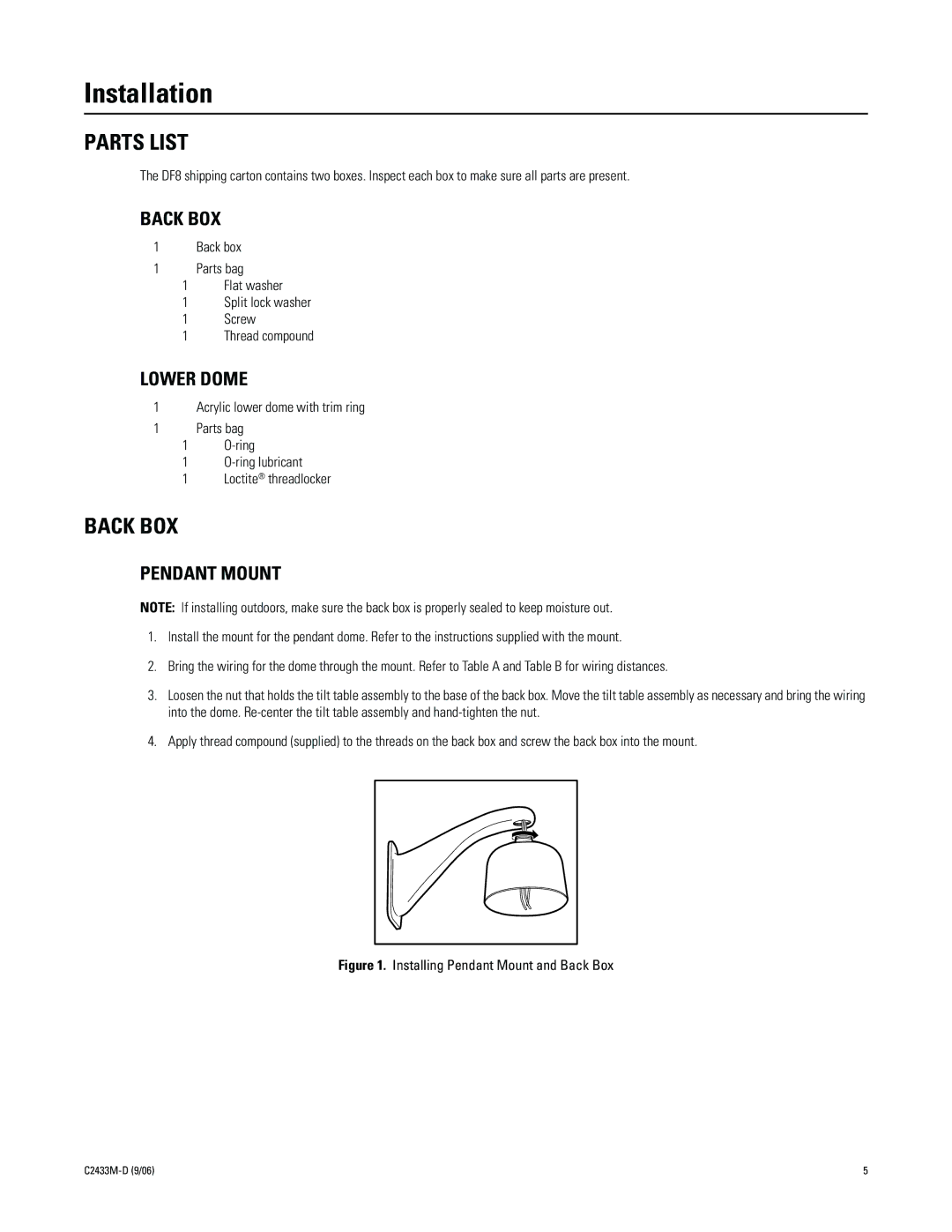 Pelco C2433M-D manual Installation, Parts List, Back BOX 