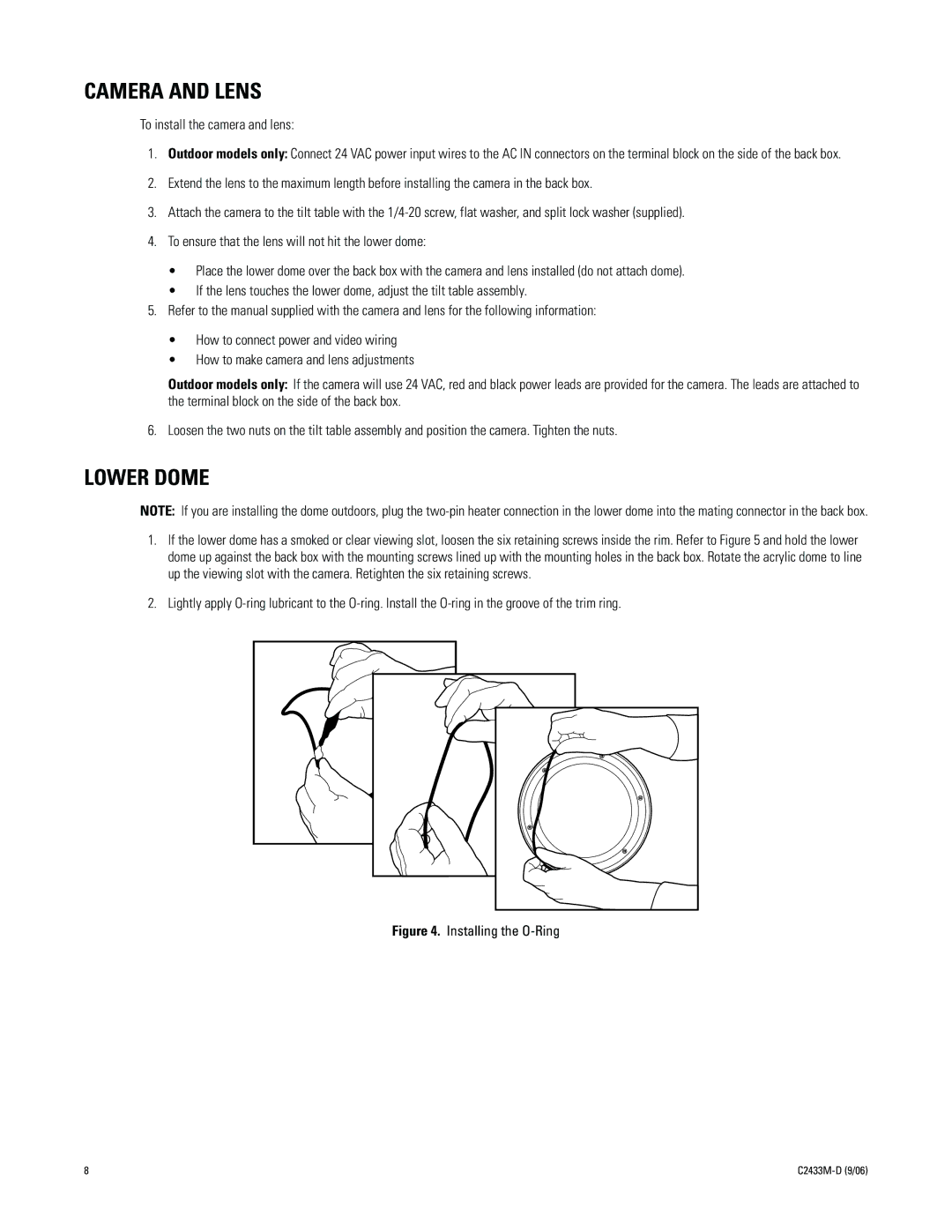 Pelco C2433M-D manual Camera and Lens, Lower Dome, To install the camera and lens 