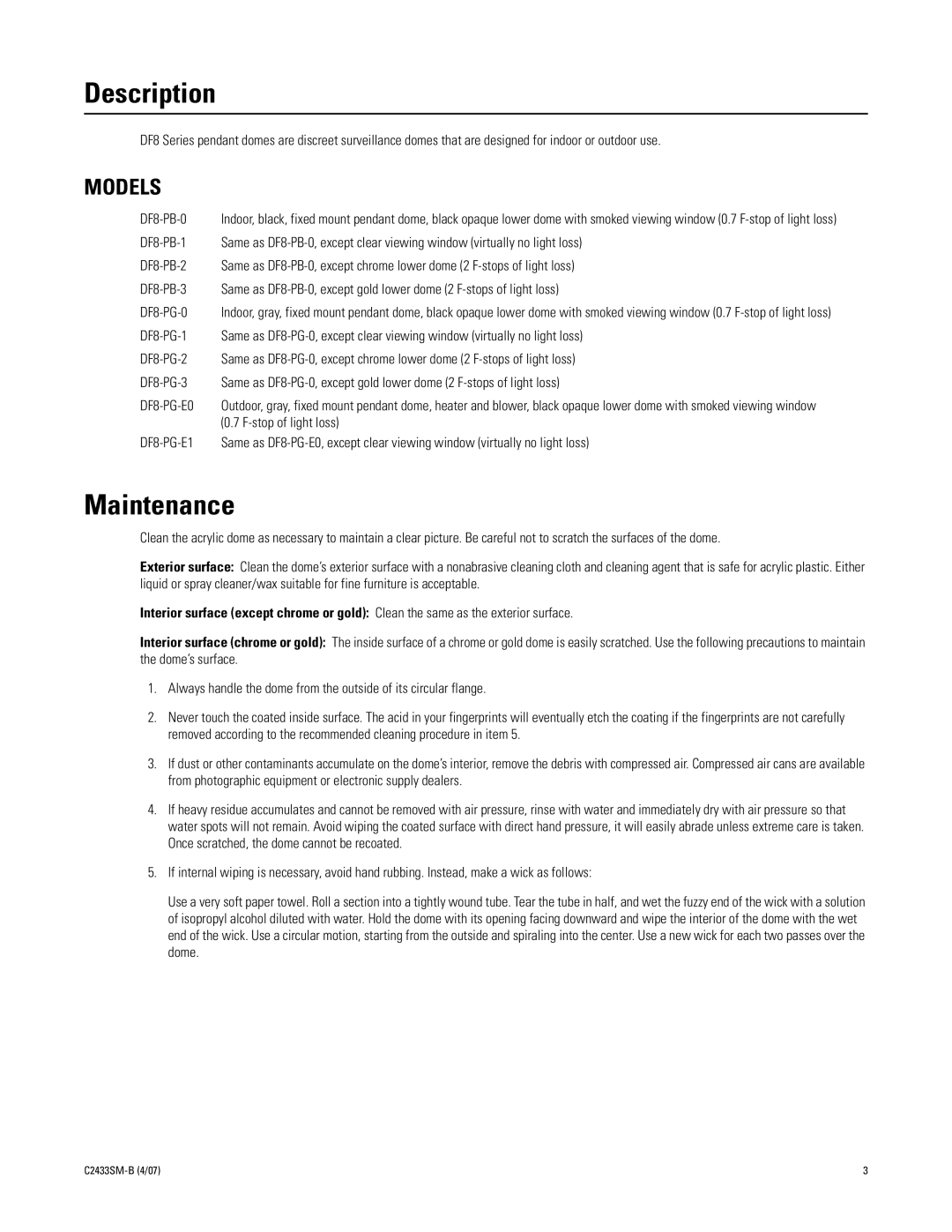 Pelco C2433SM-B manual Description, Maintenance, DF8-PG-E0 DF8-PG-E1 