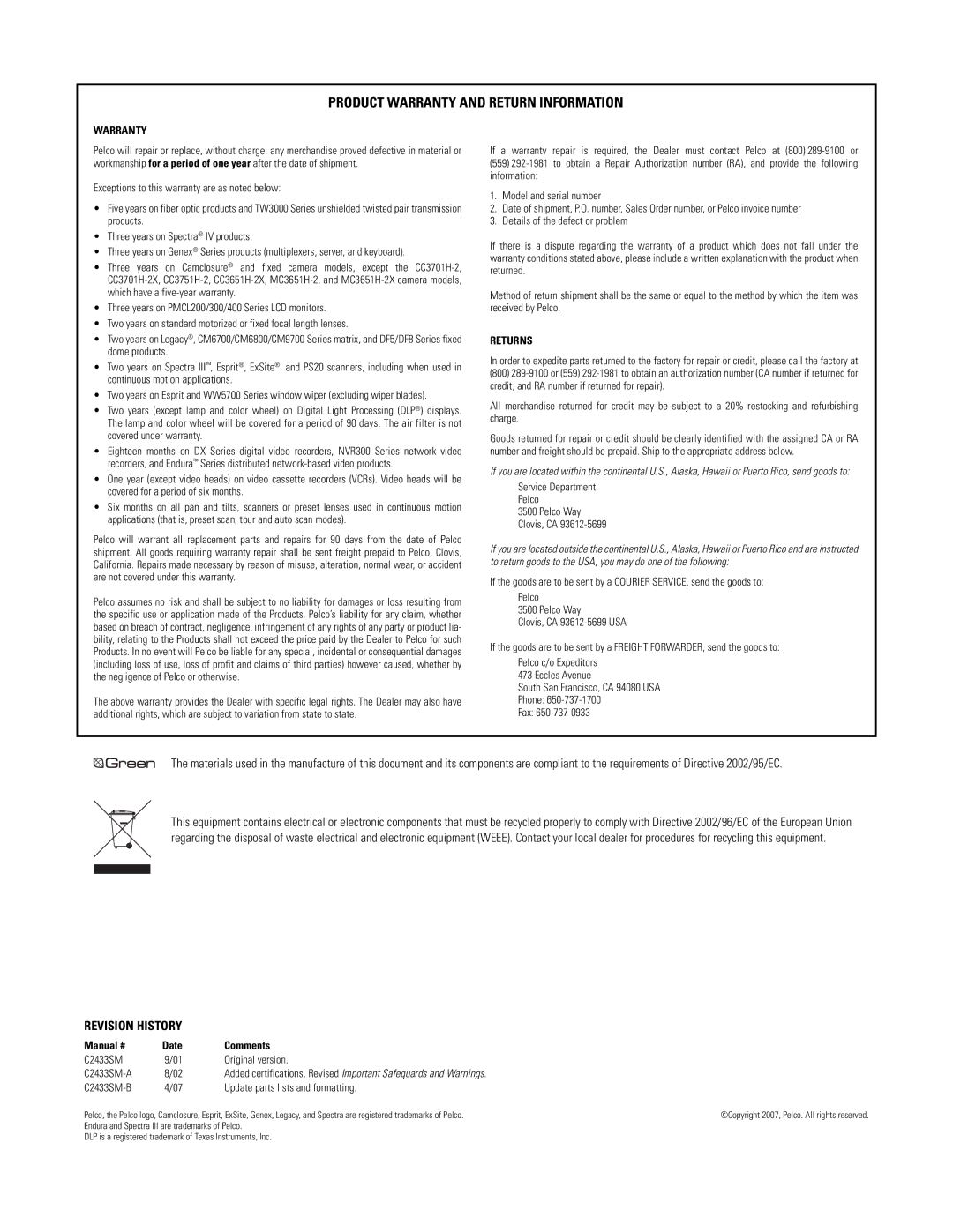 Pelco C2433SM-B manual Product Warranty and Return Information 