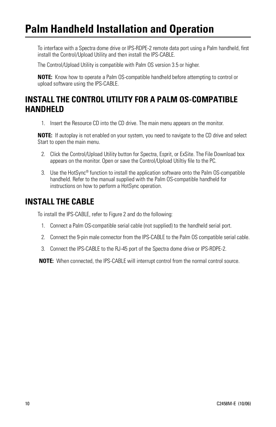 Pelco C2458M-E manual Palm Handheld Installation and Operation, Install the Cable 