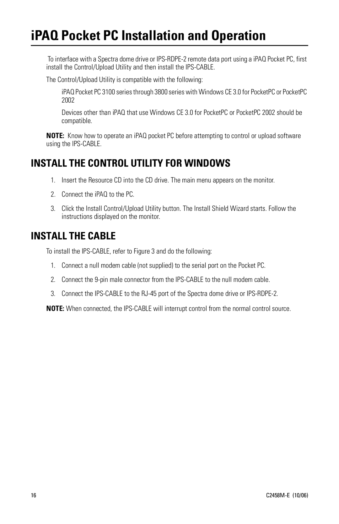 Pelco C2458M-E manual IPAQ Pocket PC Installation and Operation, Install the Control Utility for Windows 