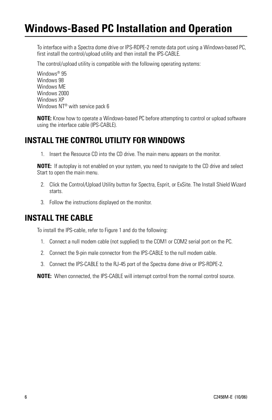 Pelco C2458M-E Windows-Based PC Installation and Operation, Install the Control Utility for Windows, Install the Cable 