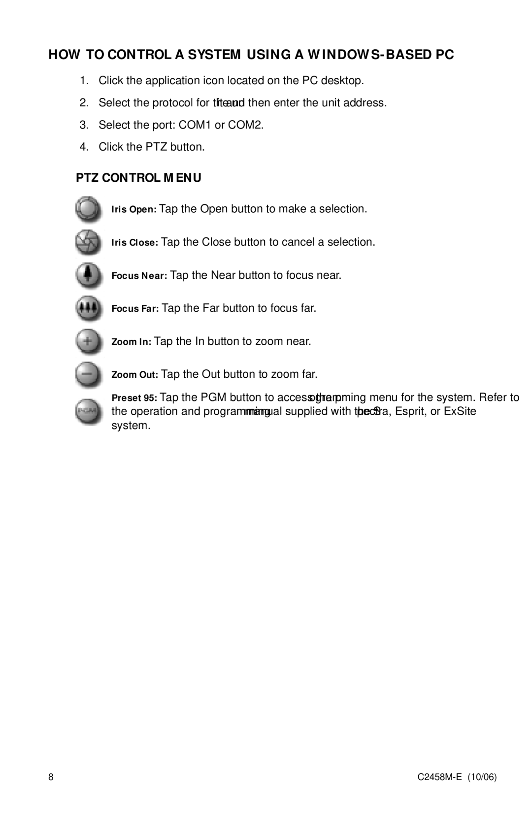 Pelco C2458M-E manual HOW to Control a System Using a WINDOWS-BASED PC, PTZ Control Menu 