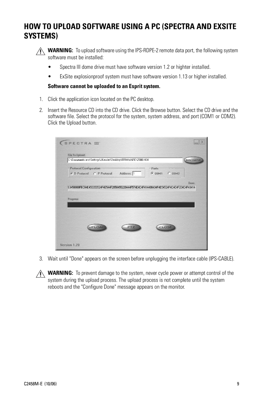 Pelco C2458M-E manual HOW to Upload Software Using a PC Spectra and Exsite Systems 