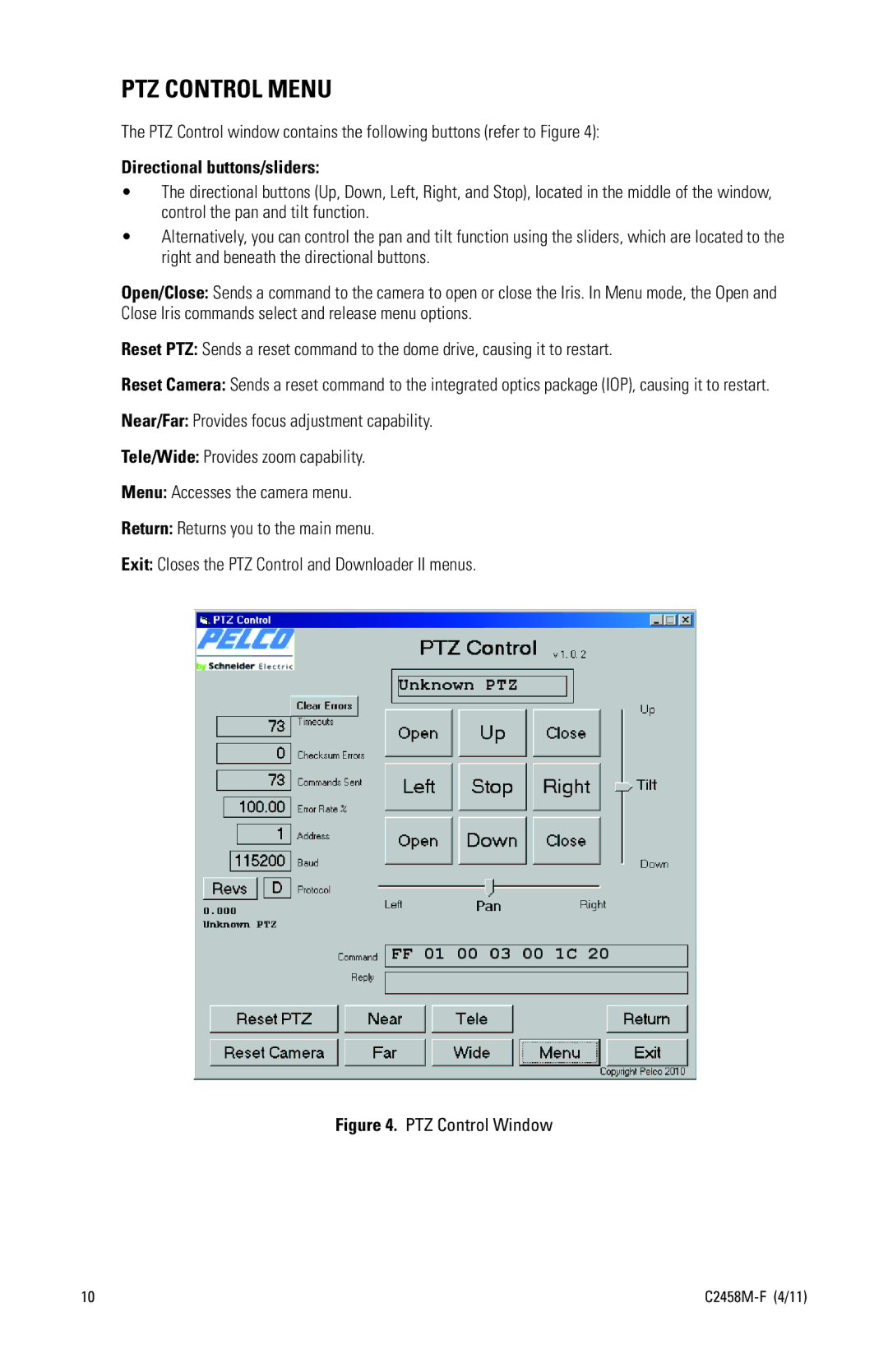 Pelco C2458M-F manual PTZ Control Menu 