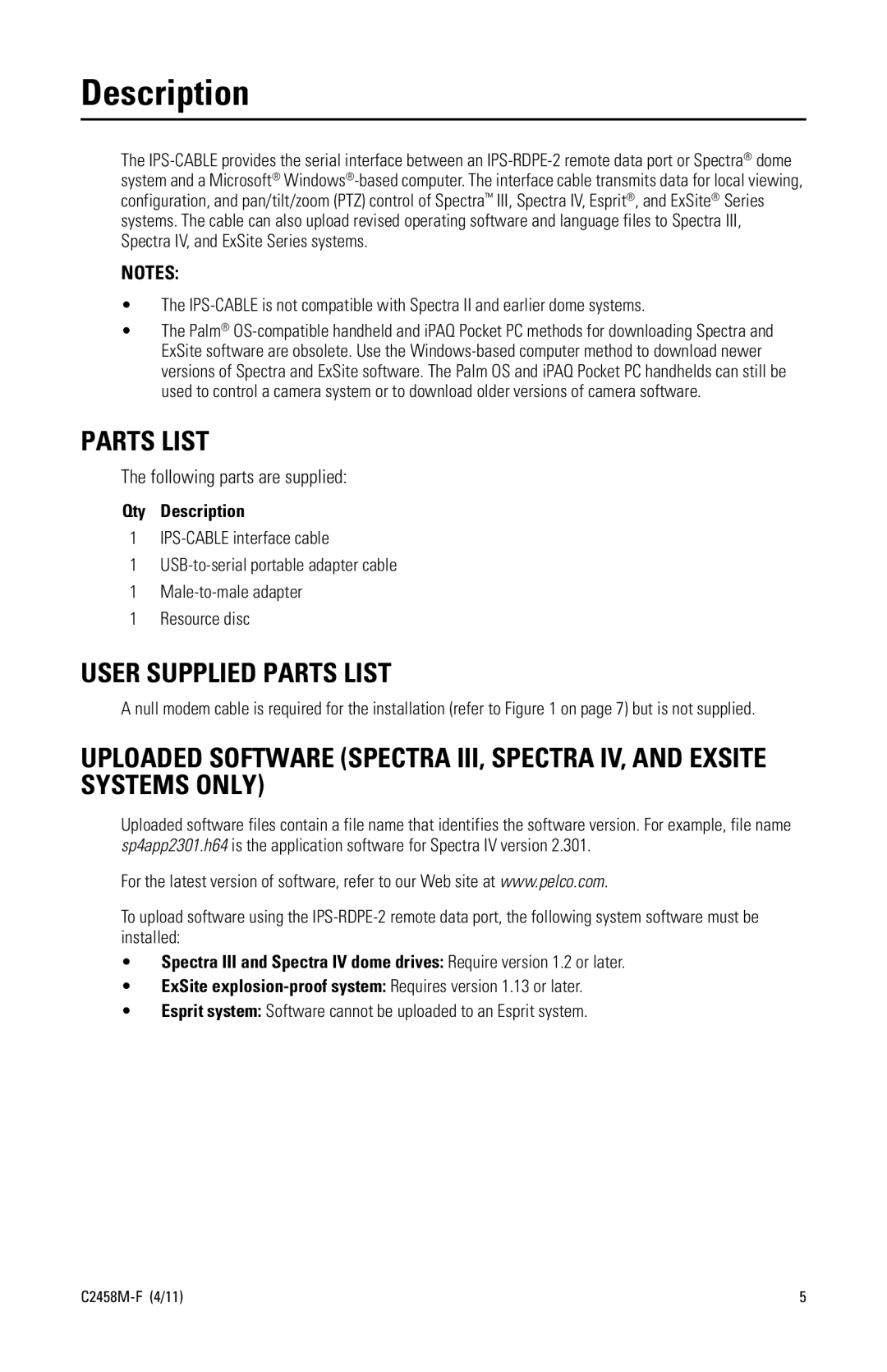 Pelco C2458M-F manual Description, User Supplied Parts List 