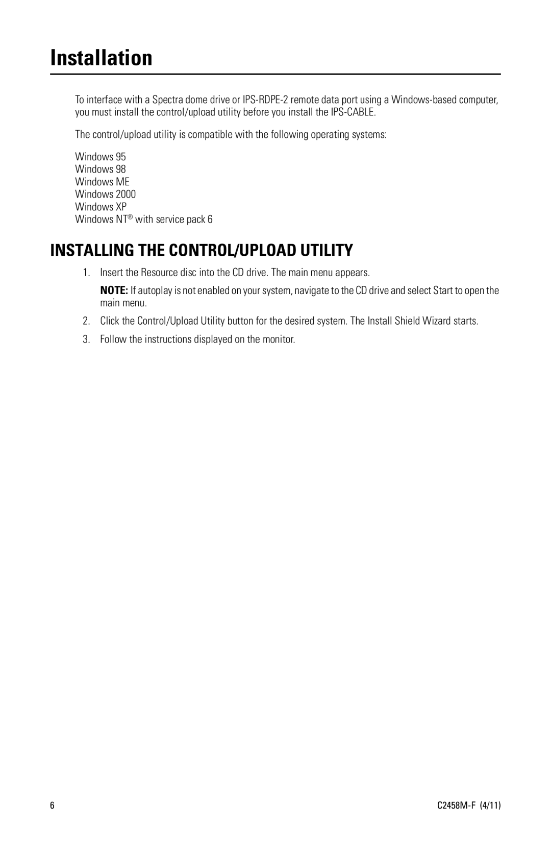 Pelco C2458M-F manual Installation, Installing the CONTROL/UPLOAD Utility 