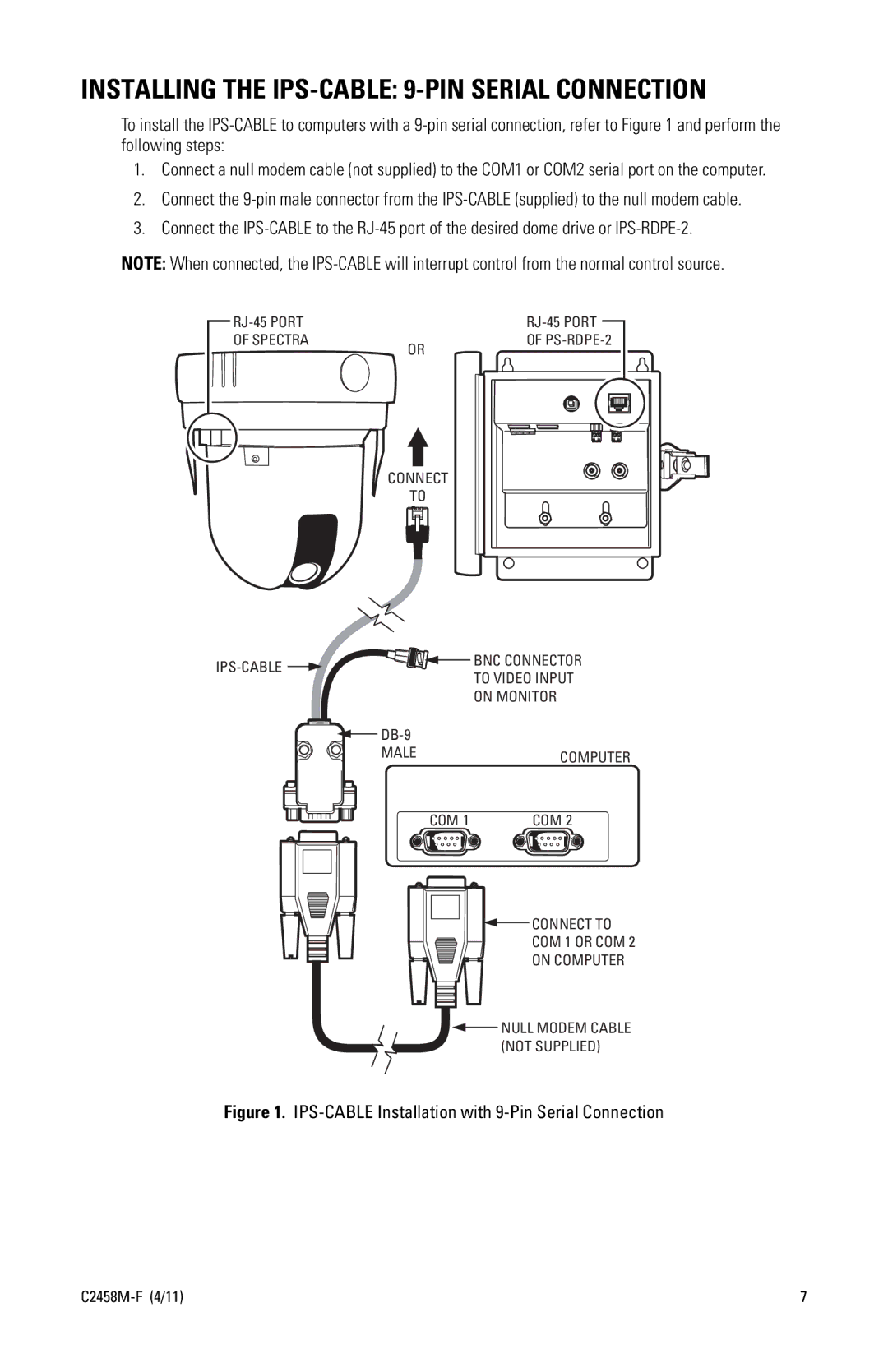 Pelco C2458M-F manual Installing the IPS-CABLE 9-PIN Serial Connection, IPS-CABLE Installation with 9-Pin Serial Connection 