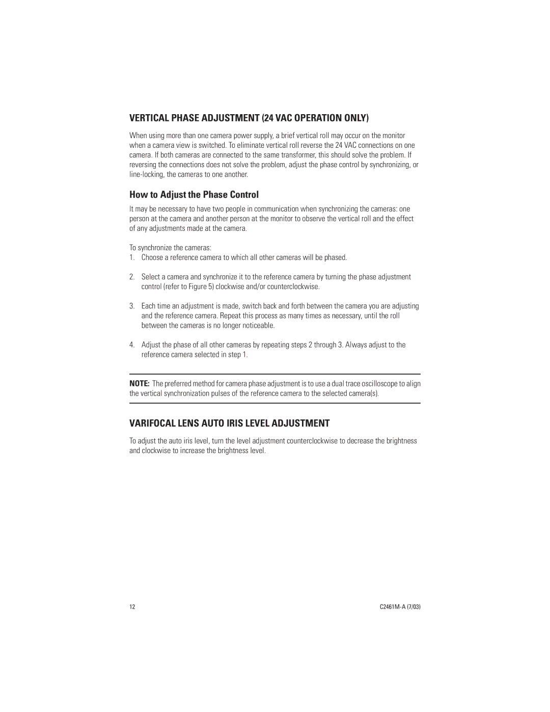 Pelco C2461M-A manual Vertical Phase Adjustment 24 VAC Operation only, How to Adjust the Phase Control 