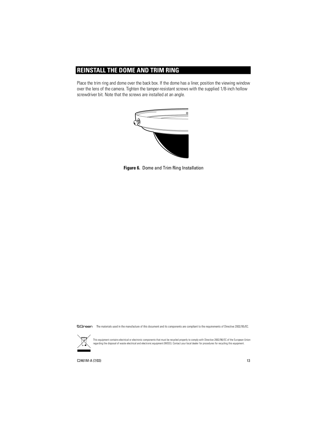 Pelco C2461M-A manual Reinstall the Dome and Trim Ring, Dome and Trim Ring Installation 