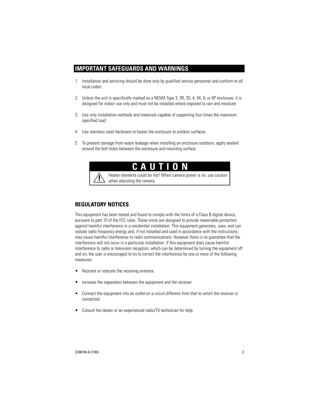 Pelco C2461M-A manual Important Safeguards and Warnings, Regulatory Notices 