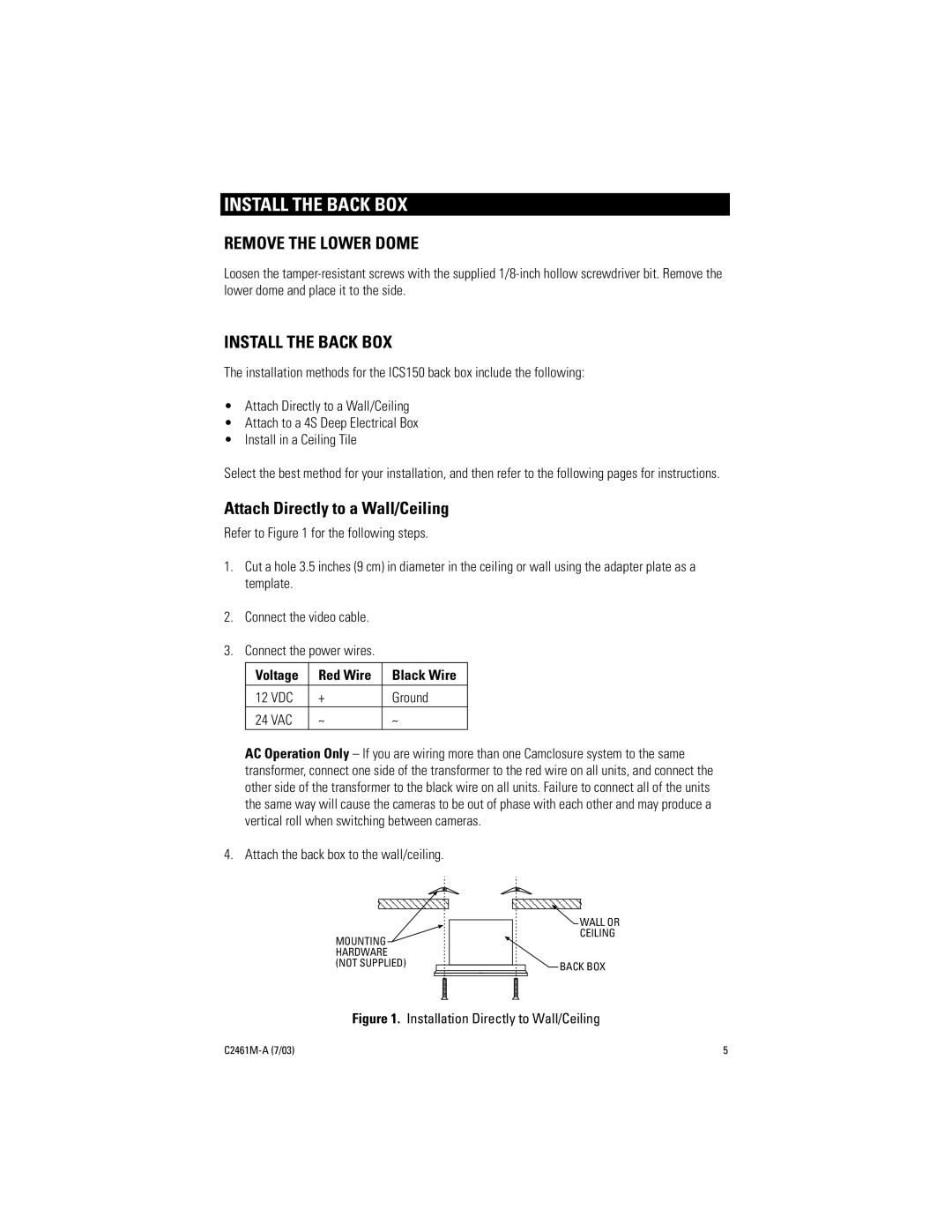 Pelco C2461M-A manual Install the Back BOX, Remove the Lower Dome, Attach Directly to a Wall/Ceiling 