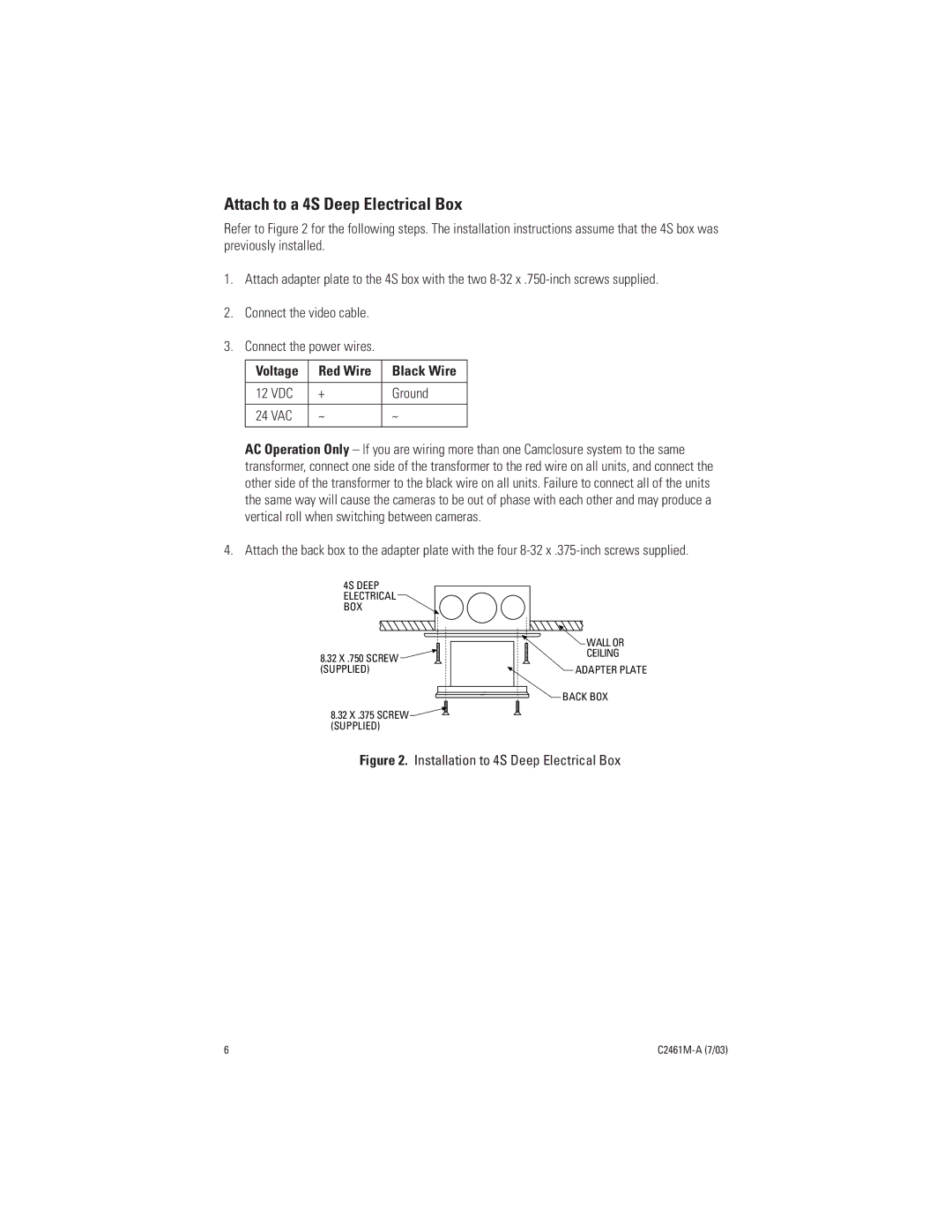 Pelco C2461M-A manual Attach to a 4S Deep Electrical Box, Installation to 4S Deep Electrical Box 