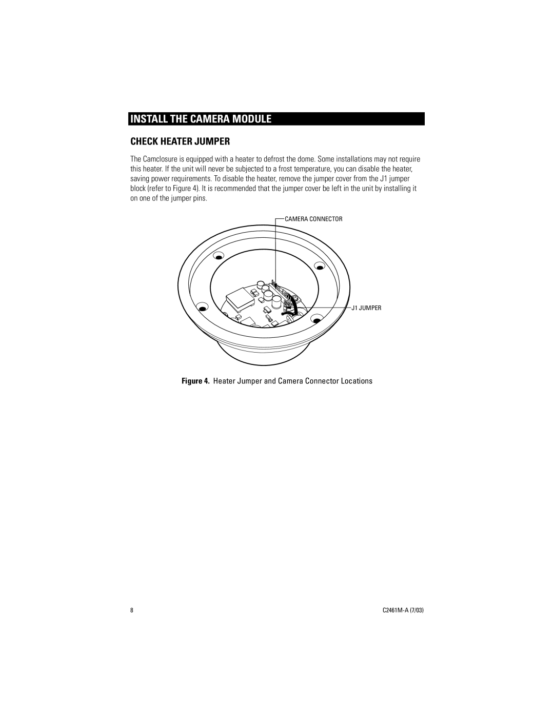 Pelco C2461M-A manual Install the Camera Module, Check Heater Jumper 