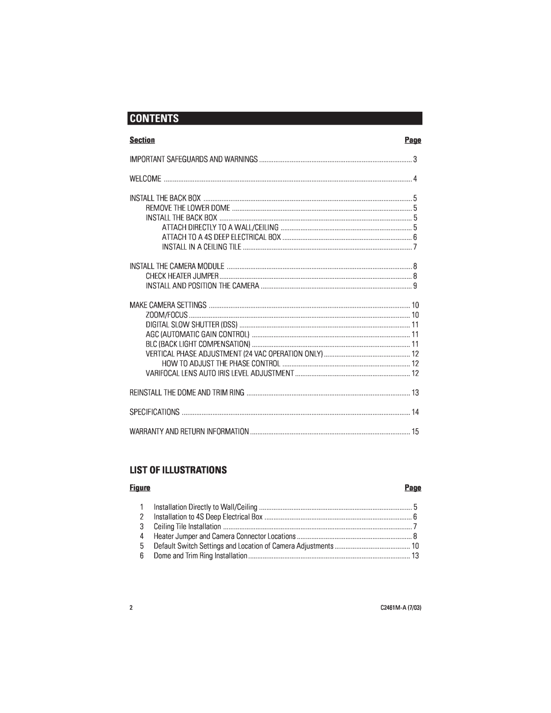 Pelco C2461M-A manual Contents, List Of Illustrations, Section 
