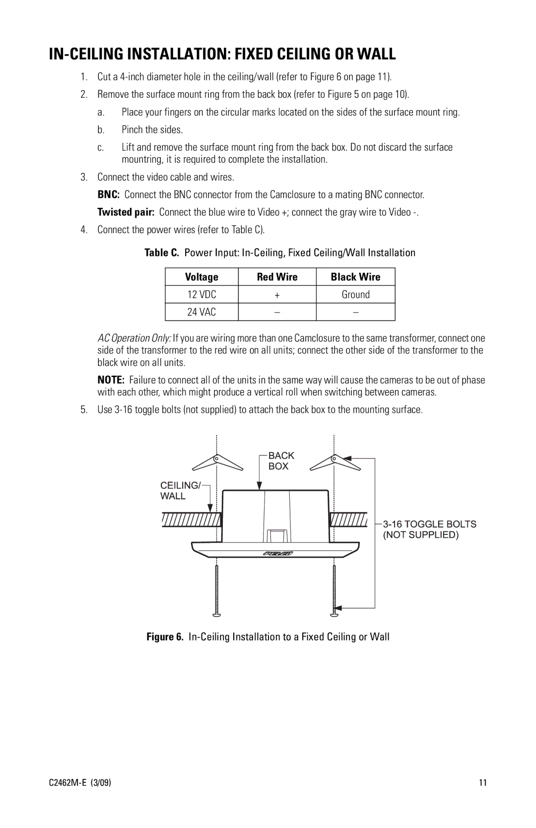 Pelco c2462m-e manual IN-CEILING Installation Fixed Ceiling or Wall, Pinch the sides 