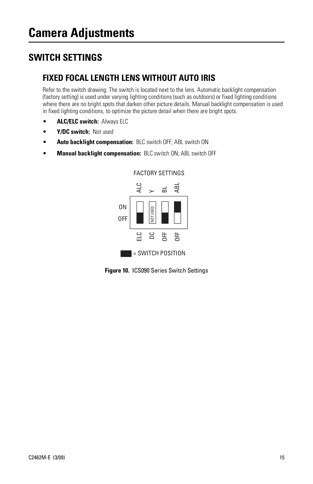 Pelco c2462m-e manual Camera Adjustments, Switch Settings 