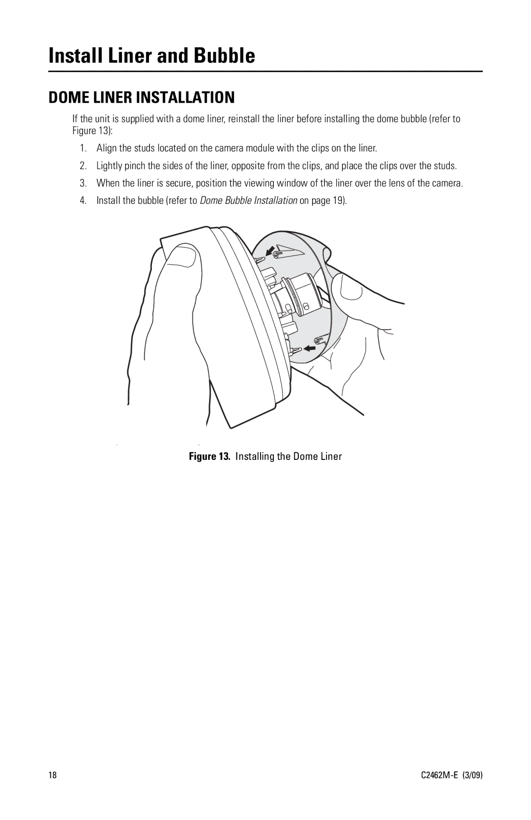 Pelco c2462m-e manual Install Liner and Bubble, Dome Liner Installation 
