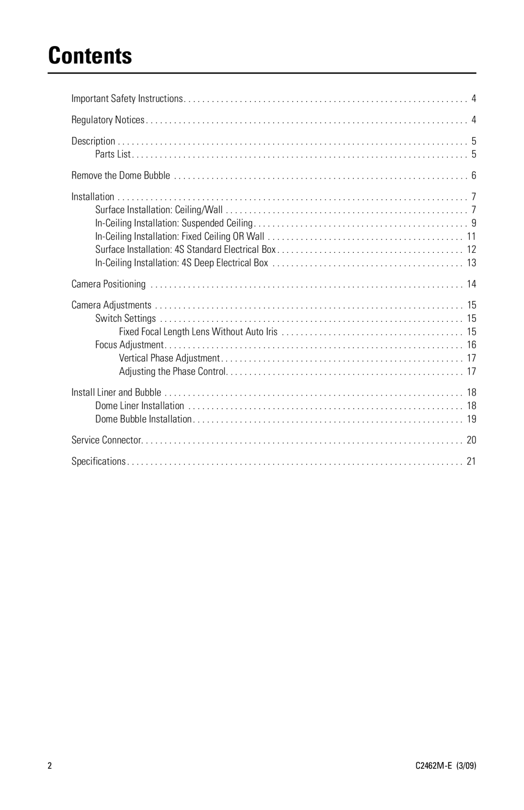 Pelco c2462m-e manual Contents 