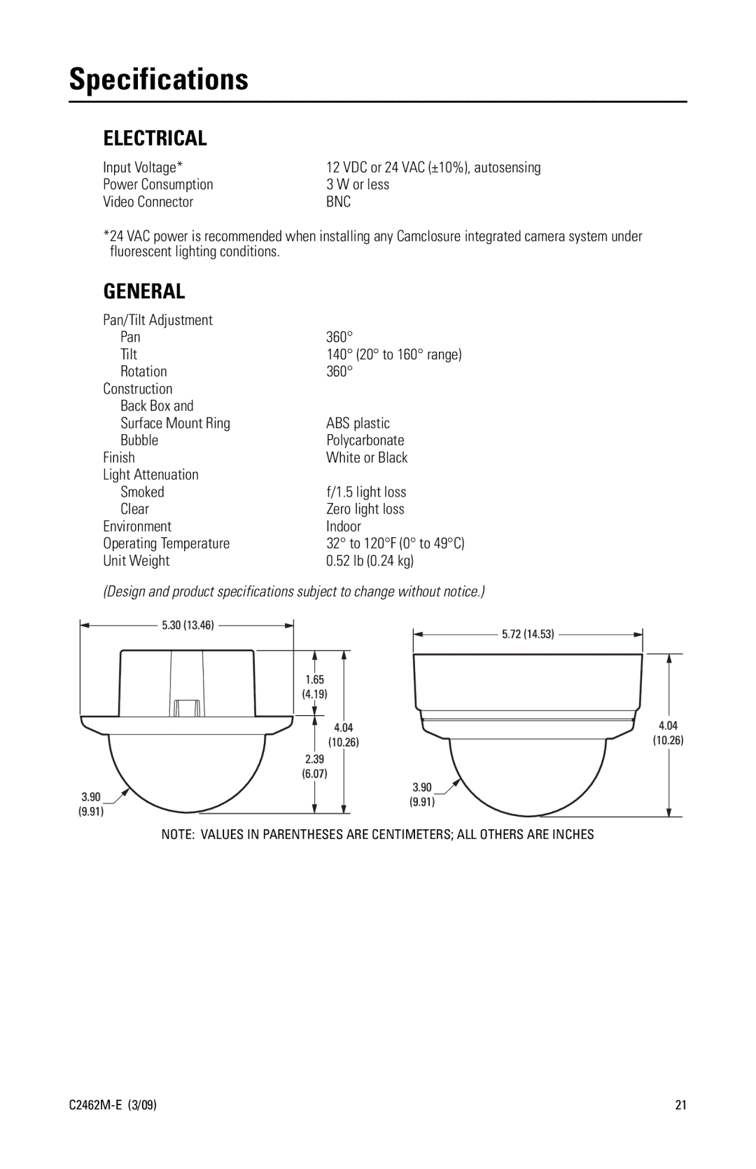 Pelco c2462m-e manual Specifications, Electrical 