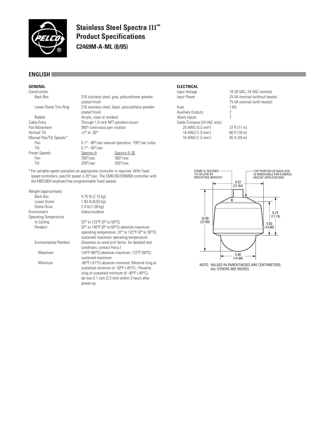 Pelco C2469M-A-ML (8/05) specifications English, General, Electrical 