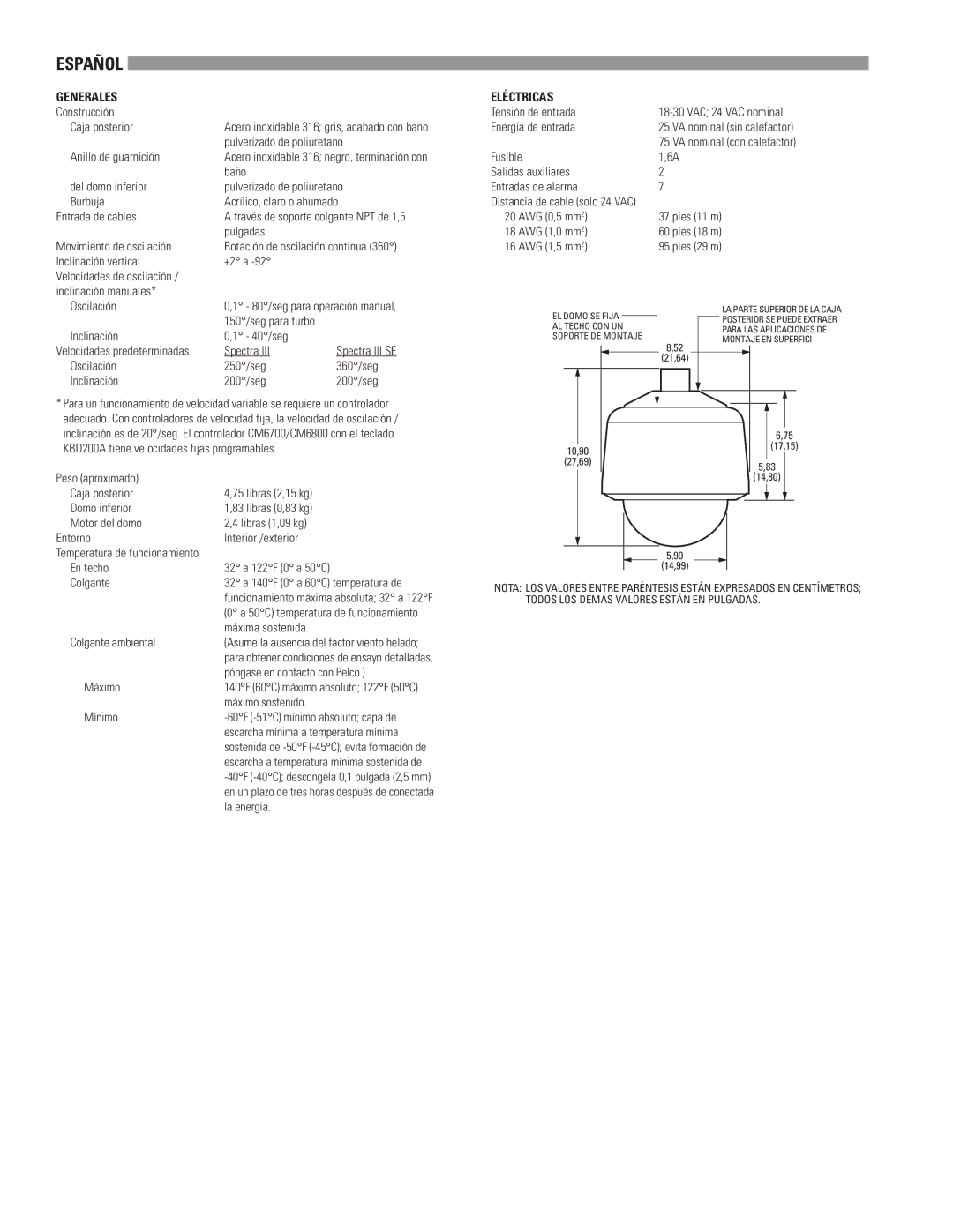 Pelco C2469M-A-ML (8/05) specifications Español, Generales, Eléctricas 