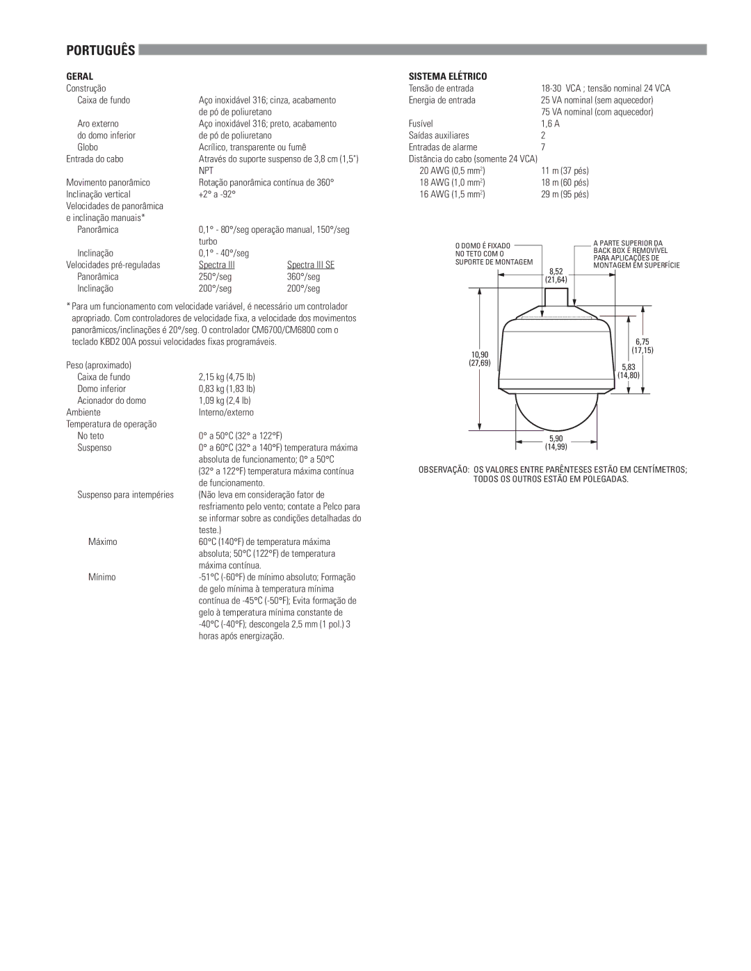 Pelco C2469M-A-ML (8/05) specifications Português, Geral, Sistema Elétrico 