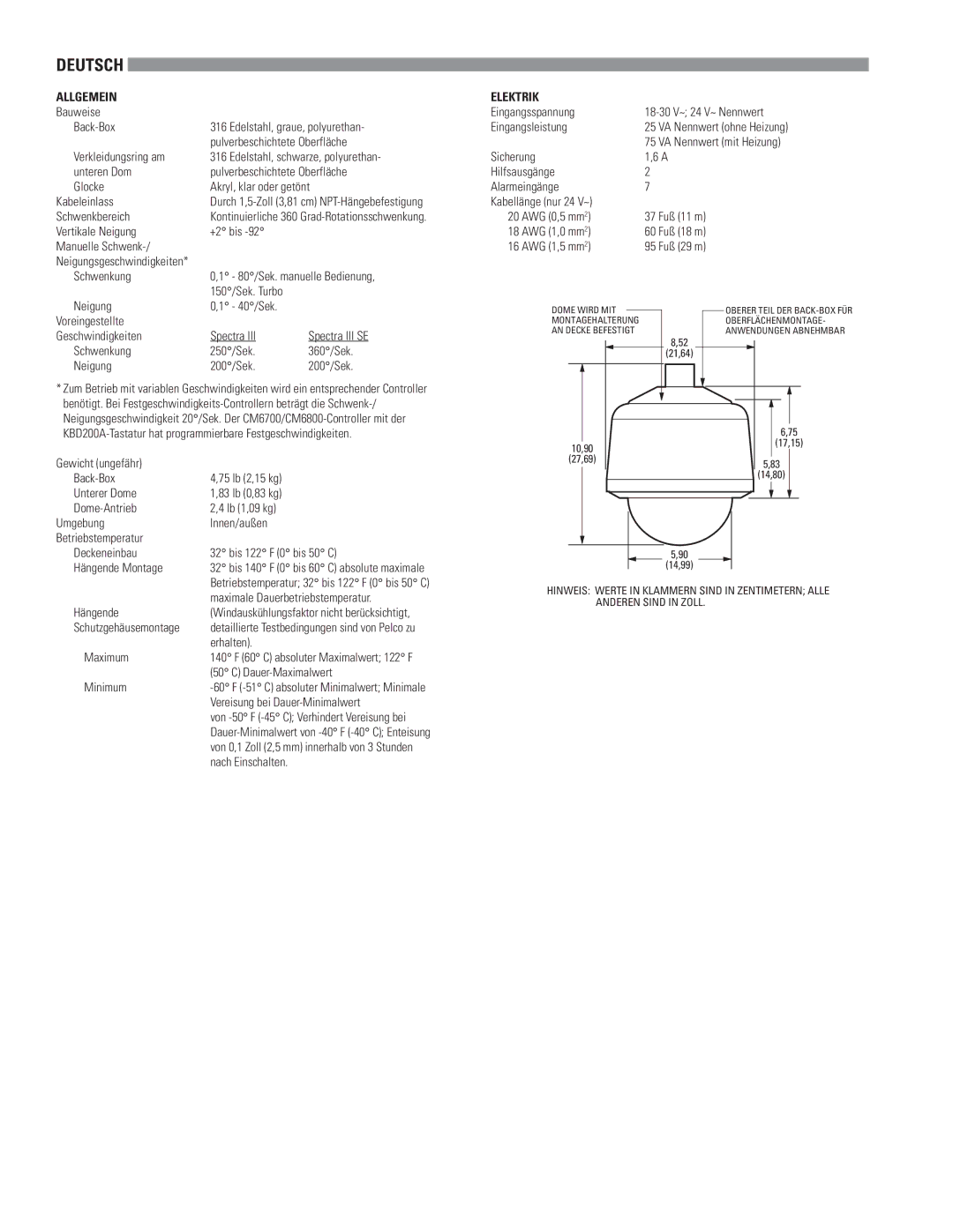 Pelco C2469M-A-ML (8/05) specifications Deutsch, Allgemein, Elektrik 