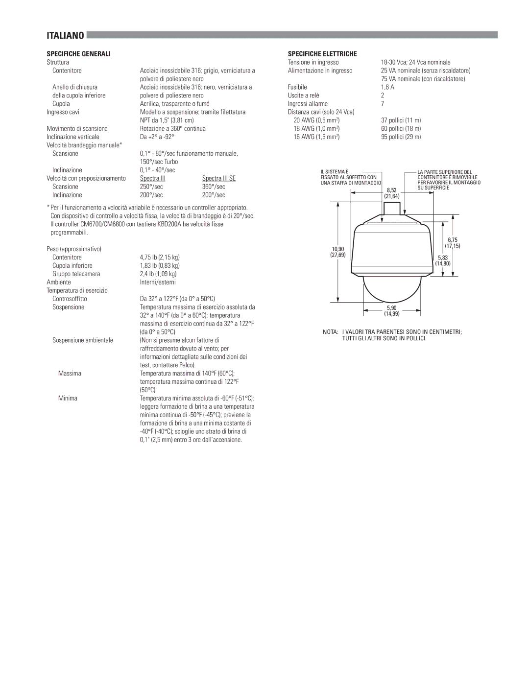 Pelco C2469M-A-ML (8/05) specifications Italiano, Specifiche Generali 