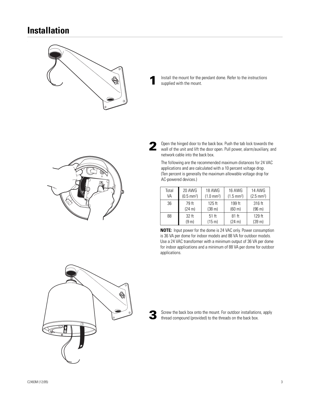 Pelco C2493M manual Installation, Total 20 AWG 18 AWG 16 AWG 14 AWG 