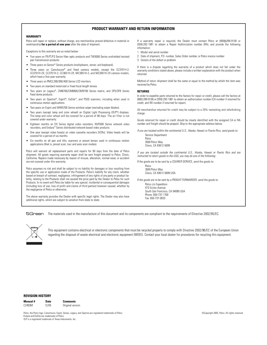 Pelco C2493M manual Product Warranty and Return Information 