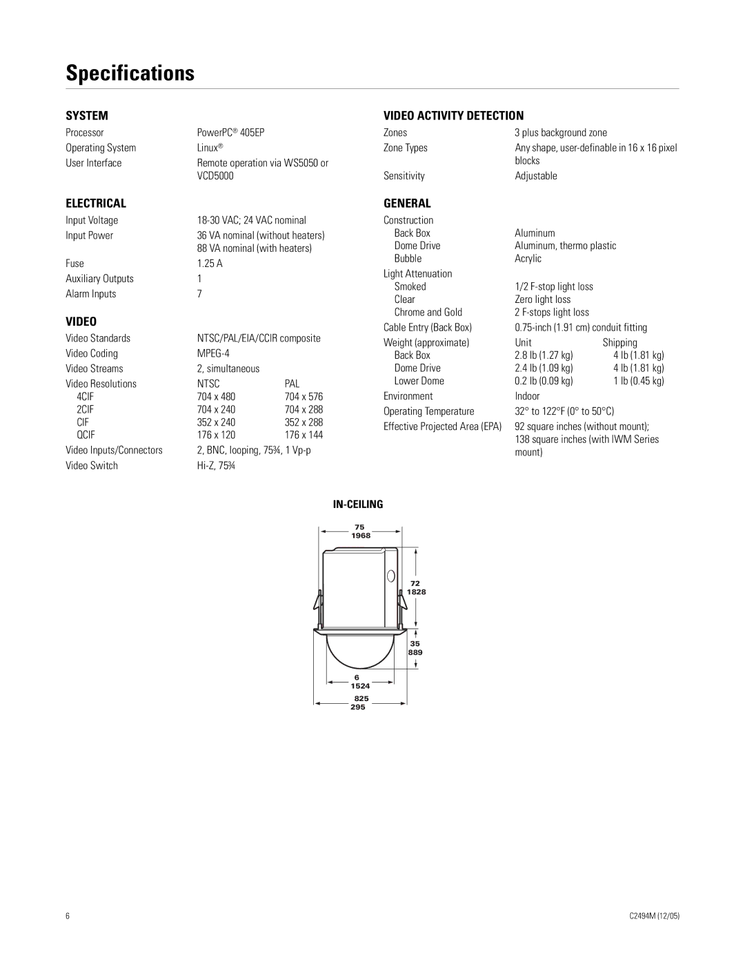 Pelco C2494M manual Specifications, System Video Activity Detection 