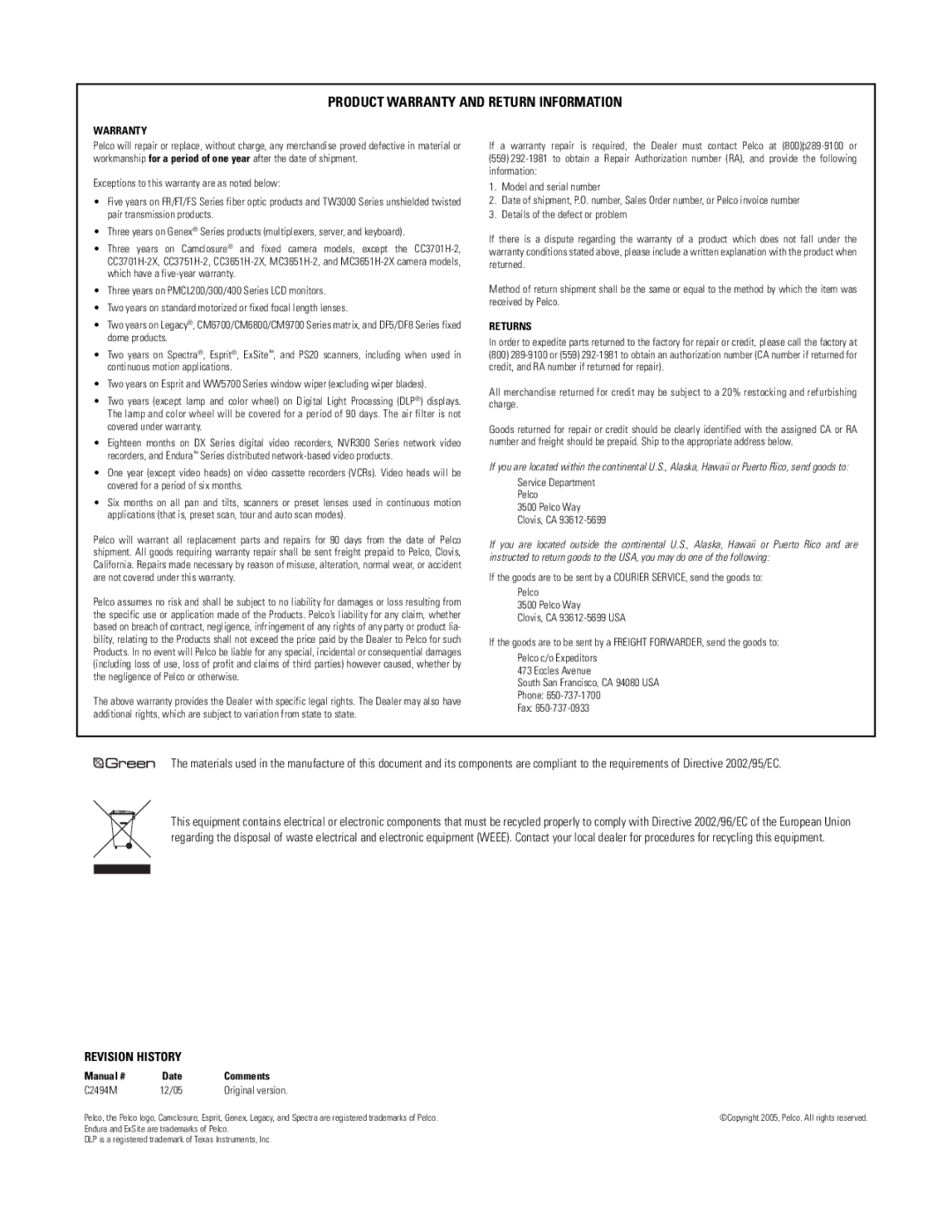 Pelco C2494M manual Product Warranty and Return Information 