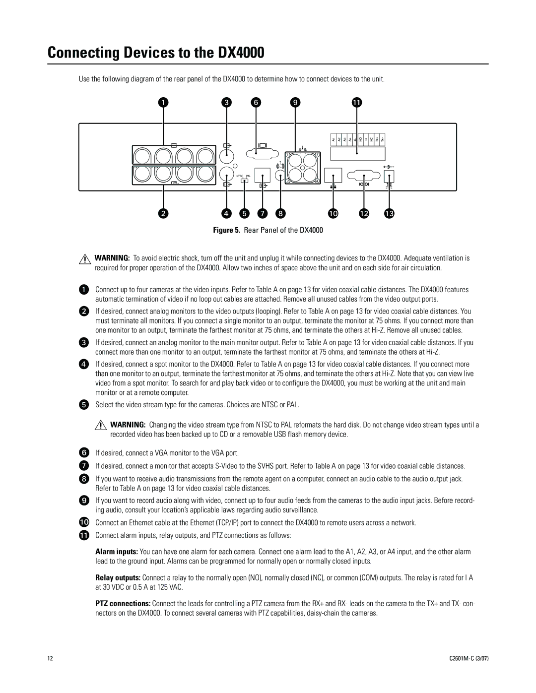 Pelco C2601M-C (3/07) manual Connecting Devices to the DX4000, Rear Panel of the DX4000 