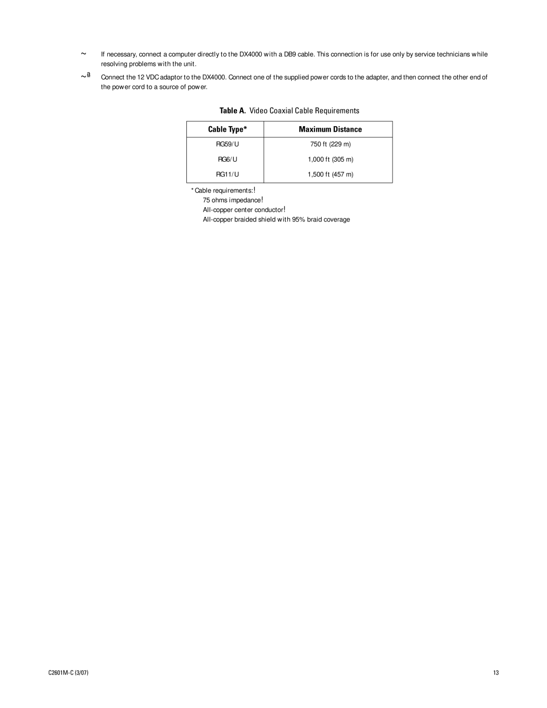 Pelco C2601M-C (3/07) manual Cable Type Maximum Distance 