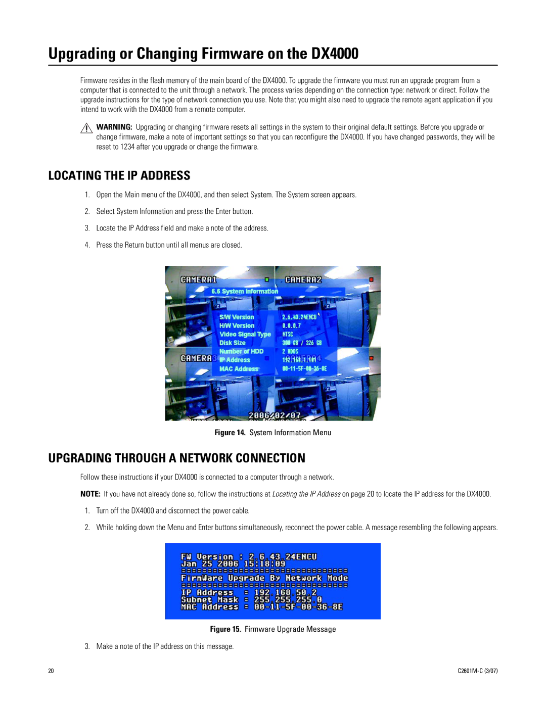Pelco C2601M-C (3/07) manual Upgrading or Changing Firmware on the DX4000, Locating the IP Address 