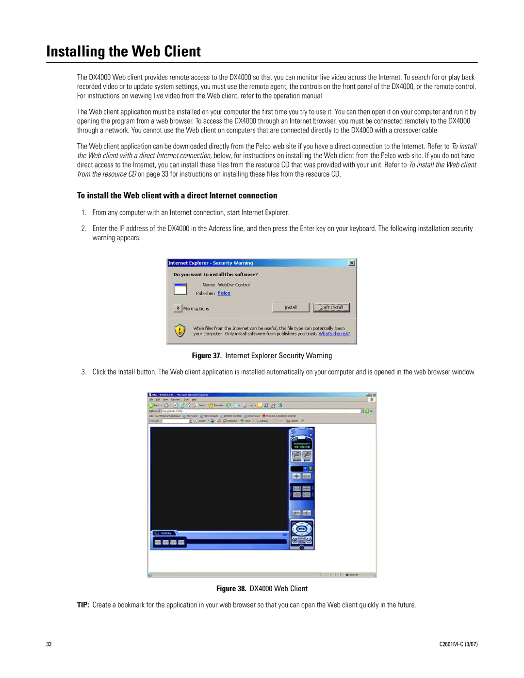 Pelco C2601M-C (3/07) manual Installing the Web Client, To install the Web client with a direct Internet connection 