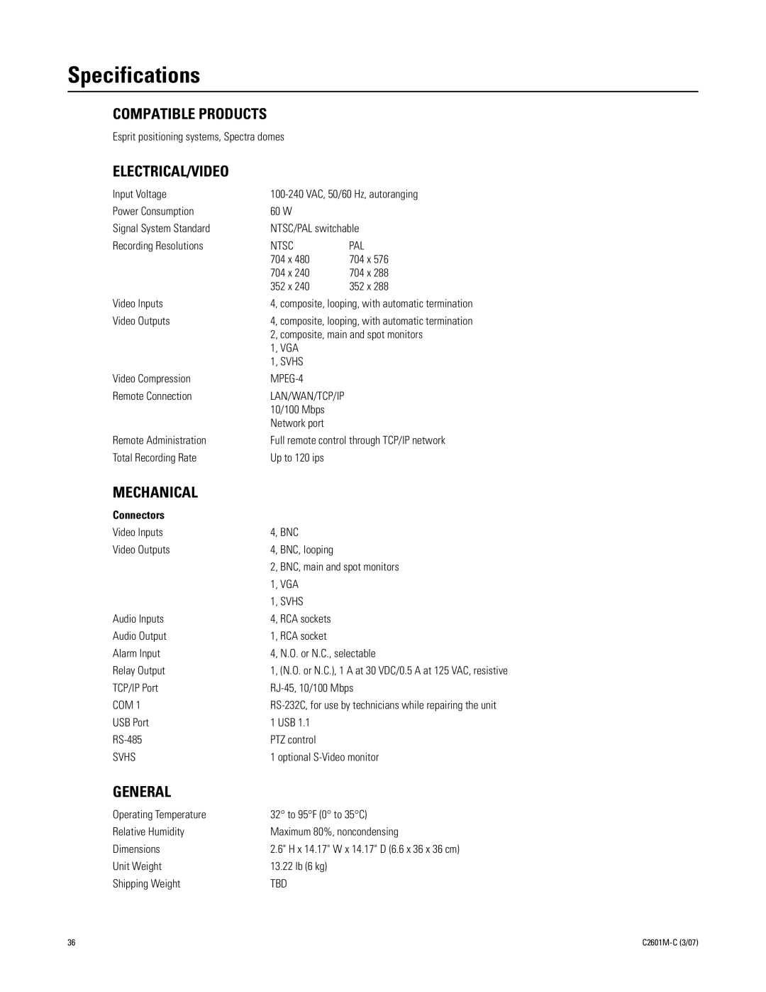 Pelco C2601M-C (3/07) manual Specifications, Electrical/Video 