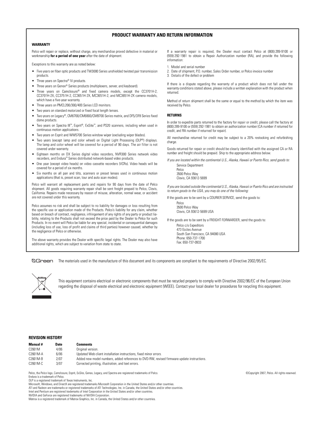 Pelco C2601M-C (3/07) manual Product Warranty and Return Information 