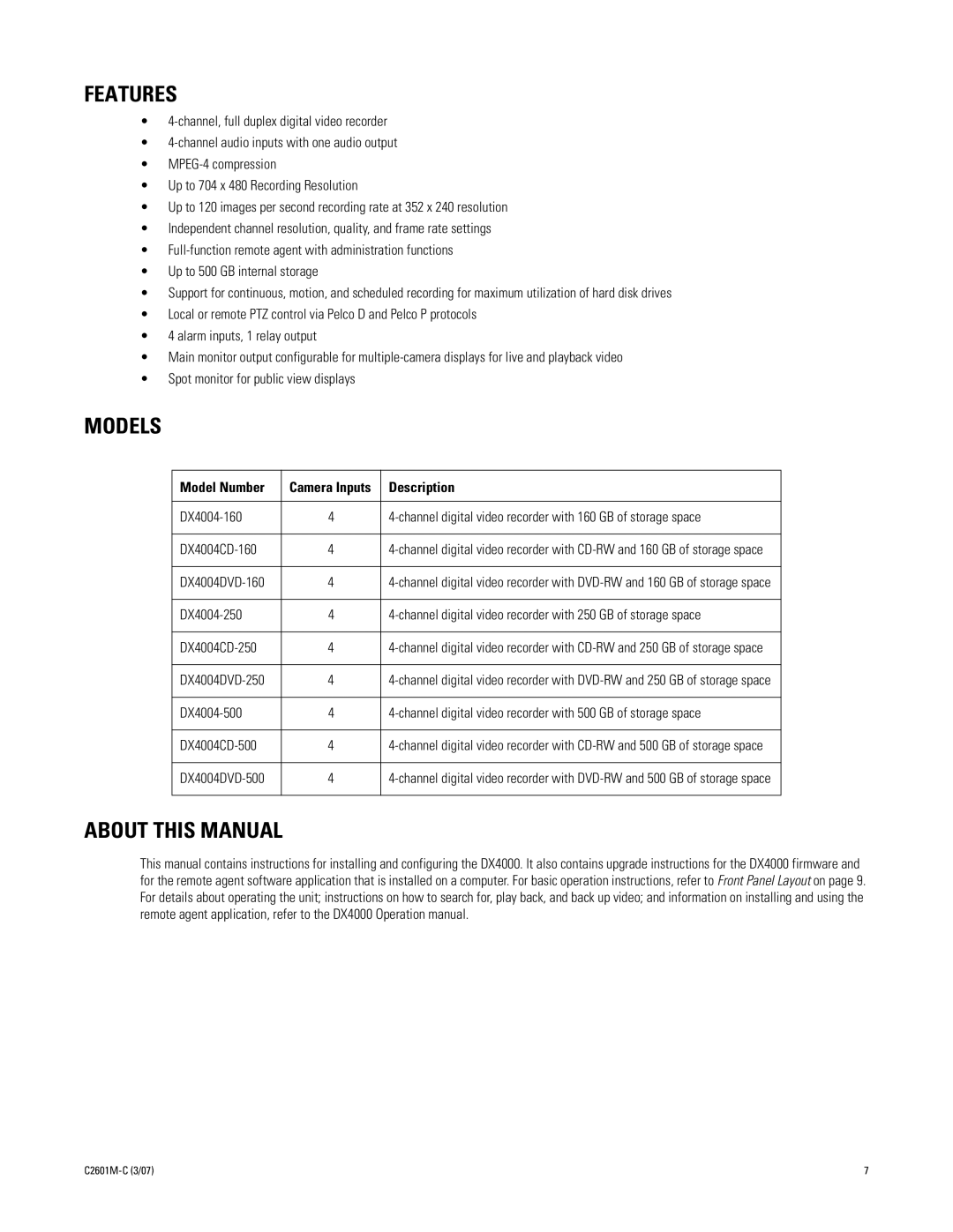 Pelco C2601M-C (3/07) manual Features, Models, About this Manual 